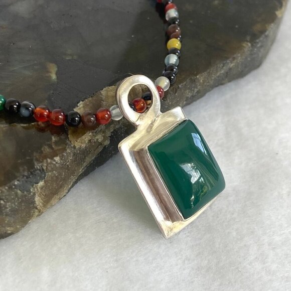 Sterling Silver 925 Multicolor Beaded Green Chrysoprase Pendant Necklace 18" - Picture 5 of 16